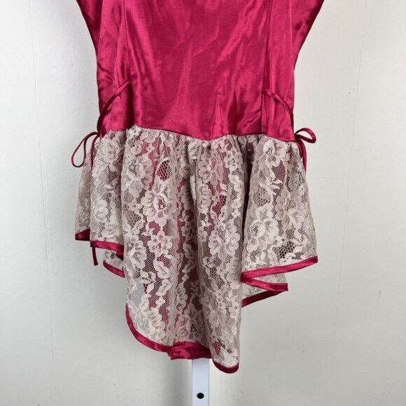 VTG Victoria's Secret Teddy Magenta Pink Satin Beige Lace Gold Label Medium - Picture 6 of 8